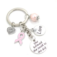 10pcs wholesale new arrival breast cancer awareness jewelry heart love pink ribbon charms key chain keyrings gifts
