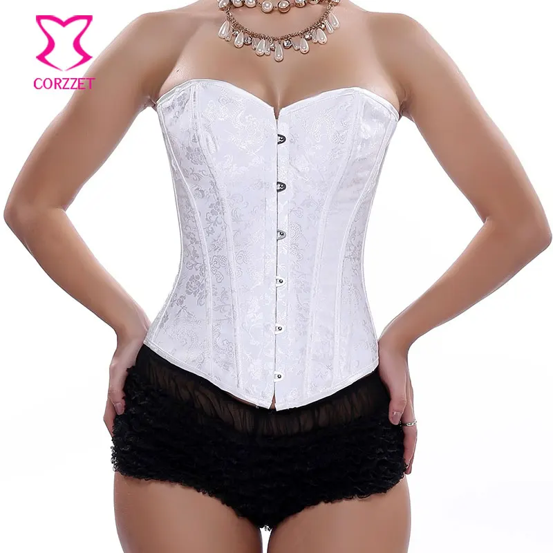 

Floral Brocade Overbust Corset White Bustier Top Corpetes E Espartilhos Gothic Sexy Lingerie Bridal Corsets and Bustiers