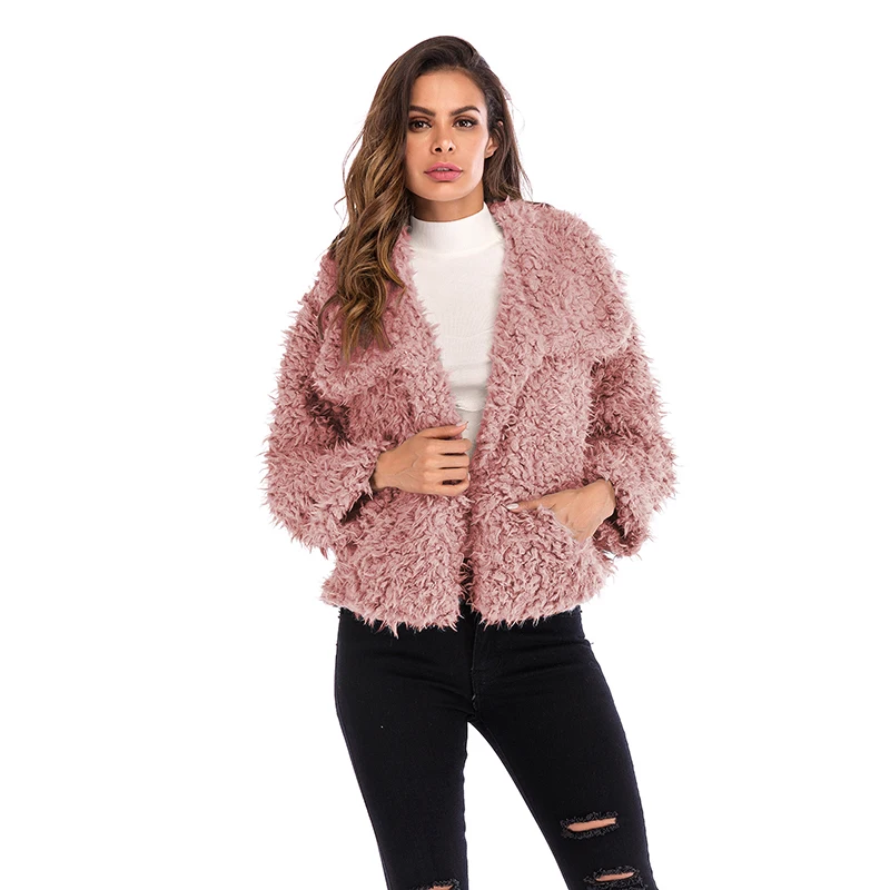 

Autumn and winter lapel flannel solid color women's coat loose European and American new warm fashion long-sleeved short coat