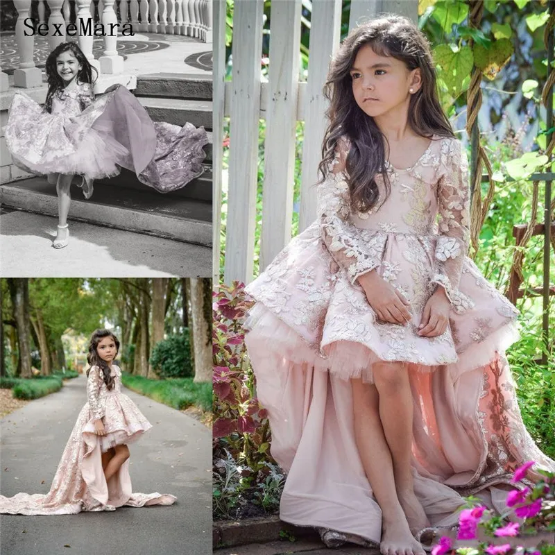 Розовое кружевное платье с аппликацией и длинными рукавами цветочным узором для