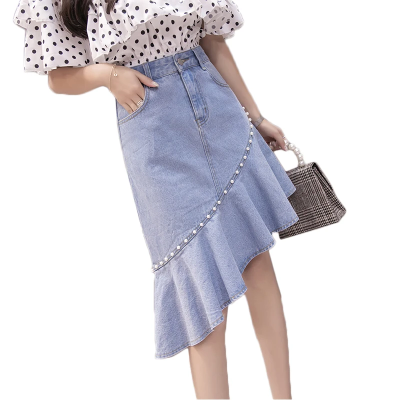 Асимметричная джинсовая юбка с бусинами Новинка 2019 года Весенняя русалка юбки в