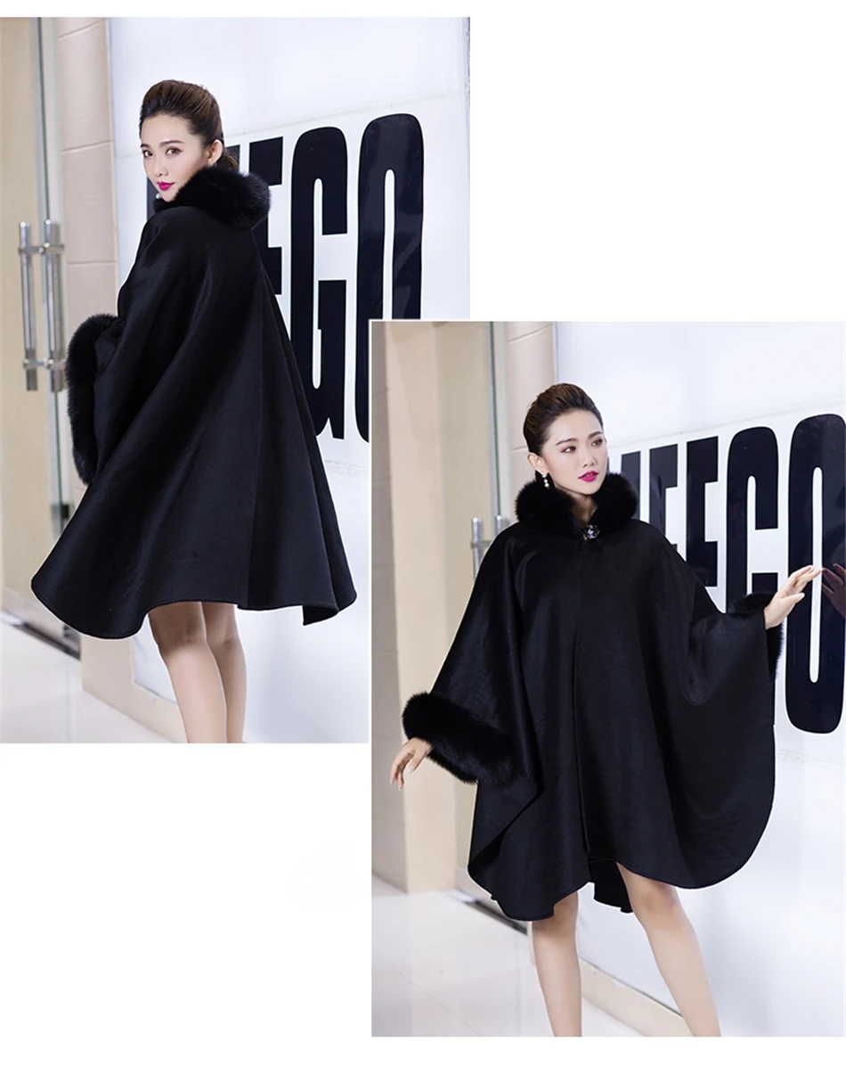 Black Pashmina Cashmere Coat Shawls with Fox Fur Wool Scarf Collar Poncho Wrap Outwear Plus Size | Женская одежда