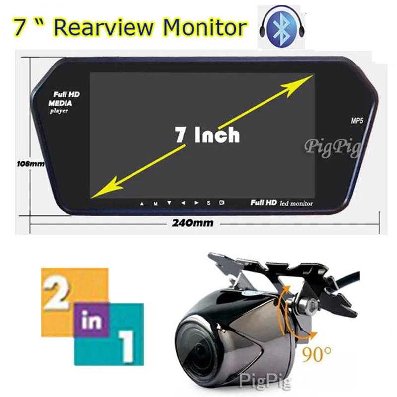 High Resolution 1034*600 Full 7'' TFT LCD Car Mirror Monitor Bluetooth + MP5 Usb/TF Slot Parking &amp Reverse Rear View Camera |