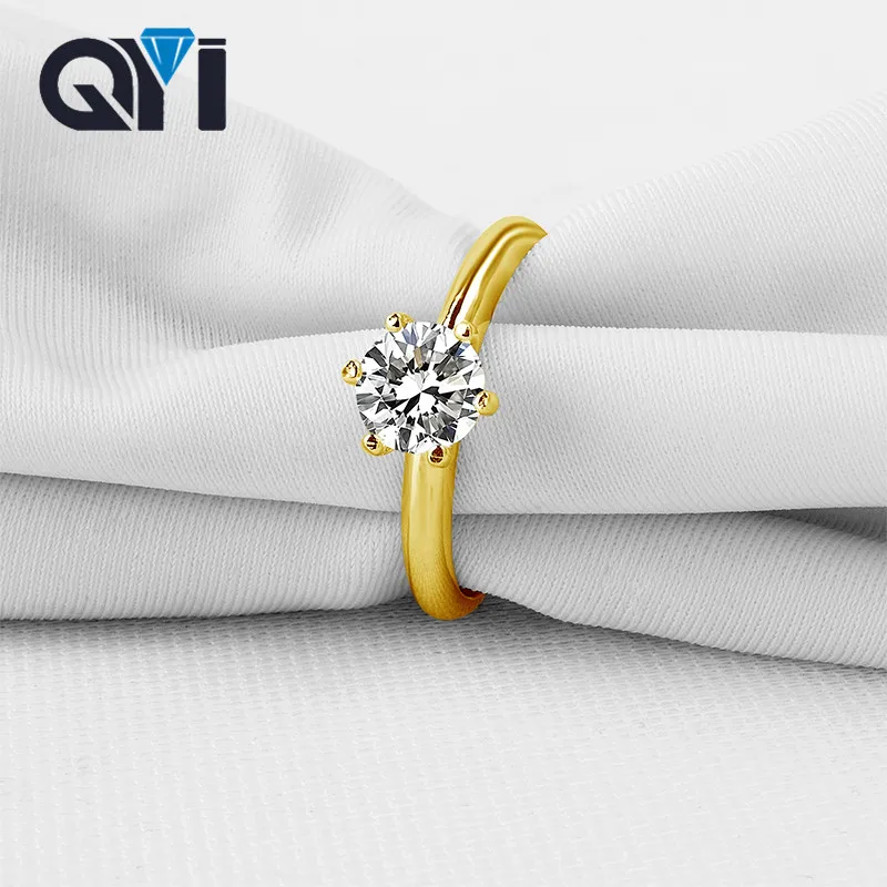 QYI Trendy 14K Solid Yellow Gold Women Jewelry Rings 0.8 Ct Round Moissanite Solitaire Wedding Engagement Rings