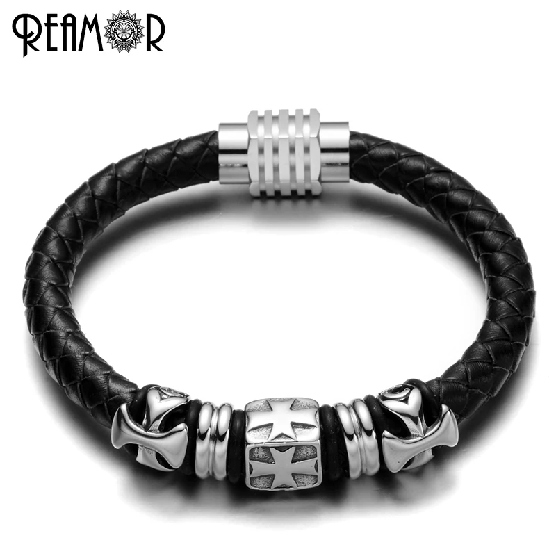 Мужской красный плетеный ретро браслет REAMOR из нержавеющей стали 316l с бусинами