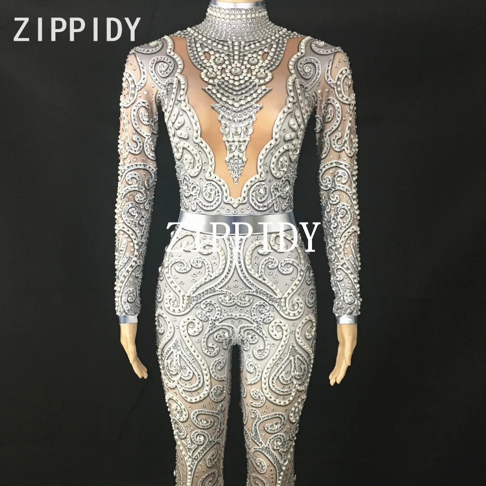 Sexy Jumpsuit Stage Performance Dance Rompers New Arrive Silver Crystals Bodysuit long Sleeves Birthday Celebrate outfit