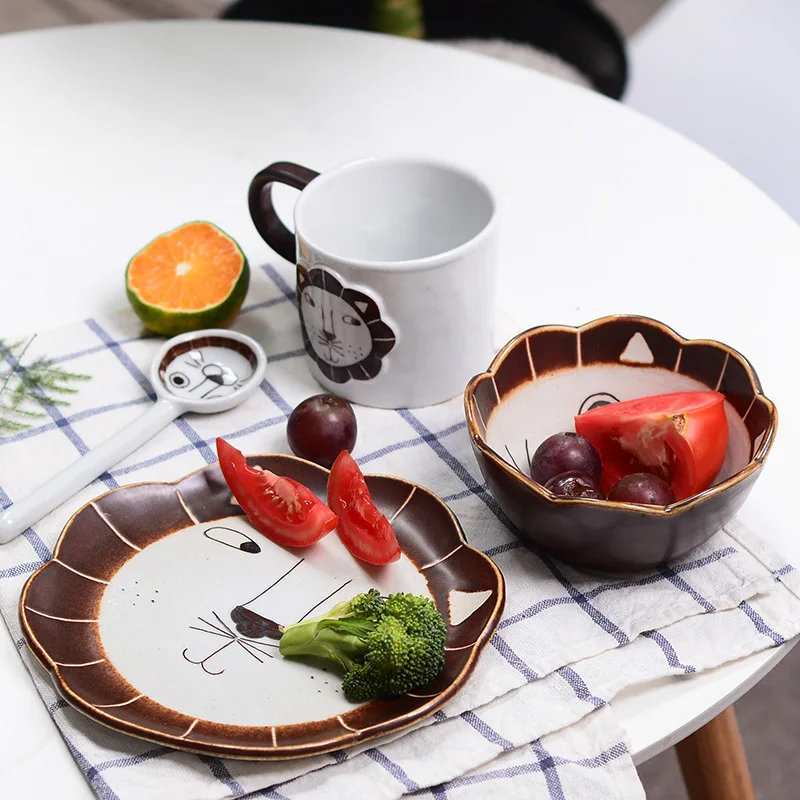 Handpainted ceramics cute lion cup bowl dish sets tableware Western dessert plates mug | Дом и сад