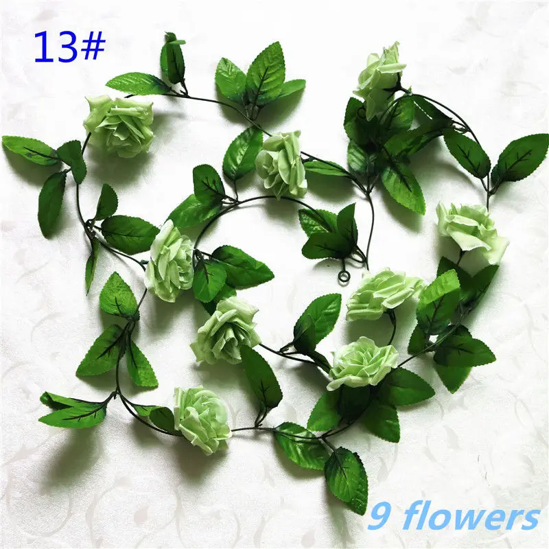 13Apple Green9flower 1pcs/lot 230-250cm Artificial Flowers Silk Roses Ivy Vine diy with Green Leaves Fake leaf artificial flowers for home decoration - Цвет: 13Apple Green9flower