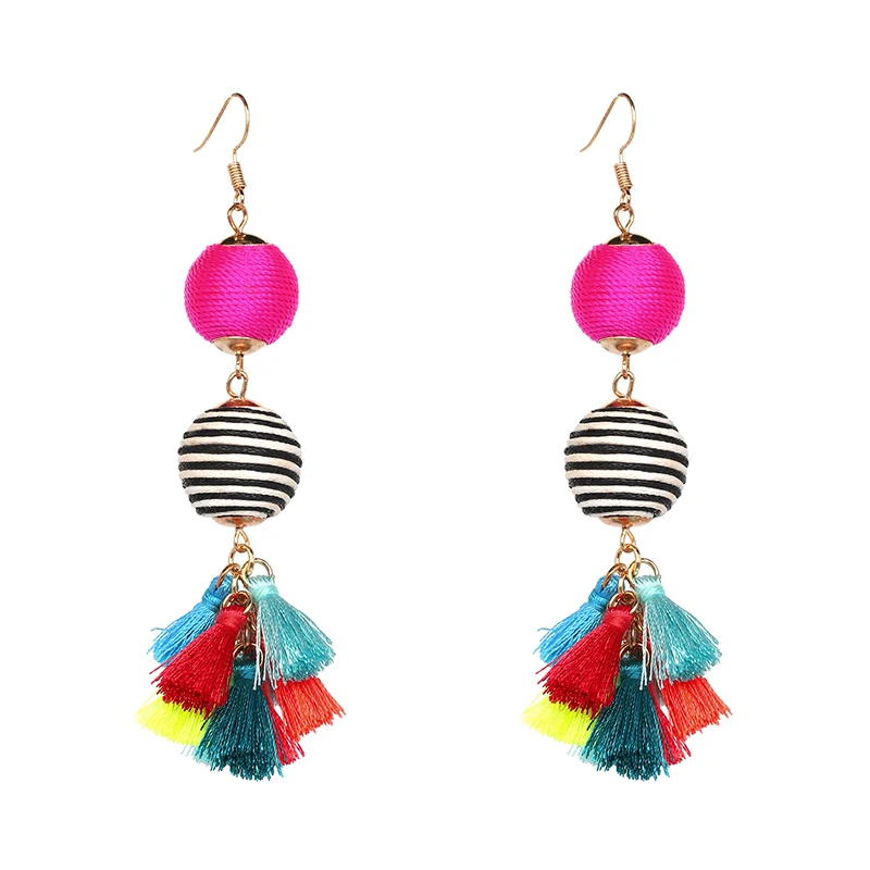 Женские серьги с кисточками Boho Vinatge Разноцветные помпоном из веревки и бахромой