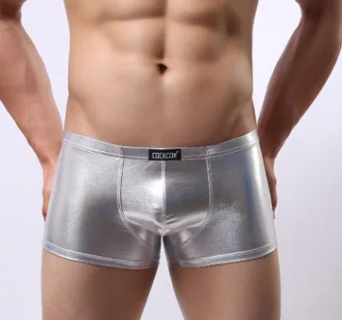 Brand COCKCON Mens Faux Leather Underwear Hot Sexy Penis Pouch Boxers Shorts Underpants Gold Silver Plus Size boxers Мужская одежда