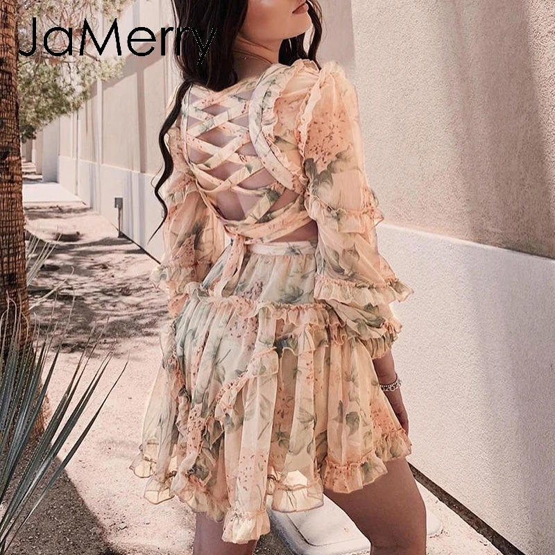 JaMerry Boho Цветочный Принт Бандажное шифоновое платье на шнуровке женские летние