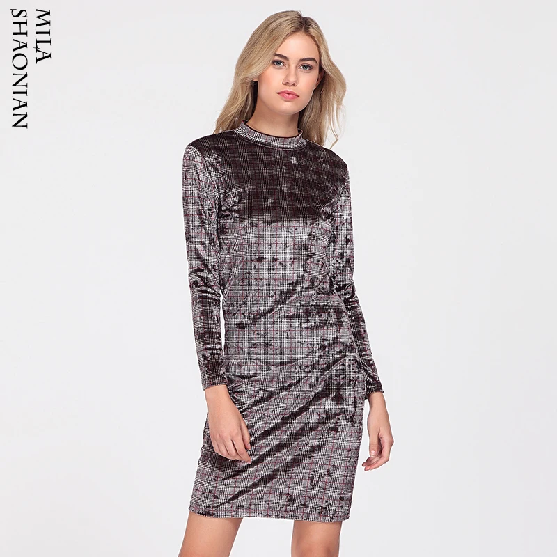 2018 блестящие осенние бархатные клетчатые платья женские с длинным рукавом