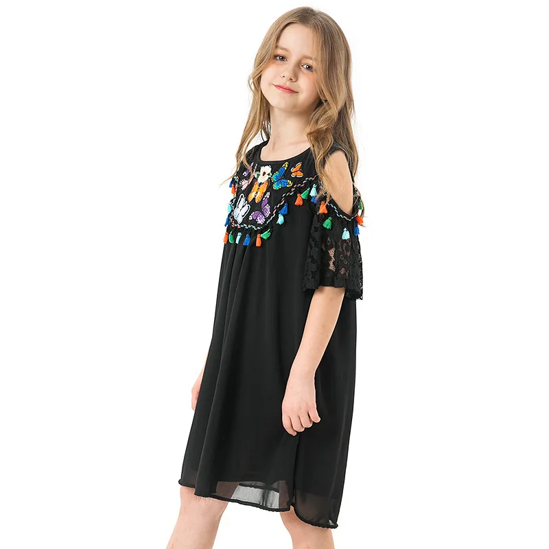 Black Cold Shoulder Butterfly Embroidery Princess Dress Girl Costume 2019 Summer Short Sleeve A Line Boho Tassel Lace Kids | Детская