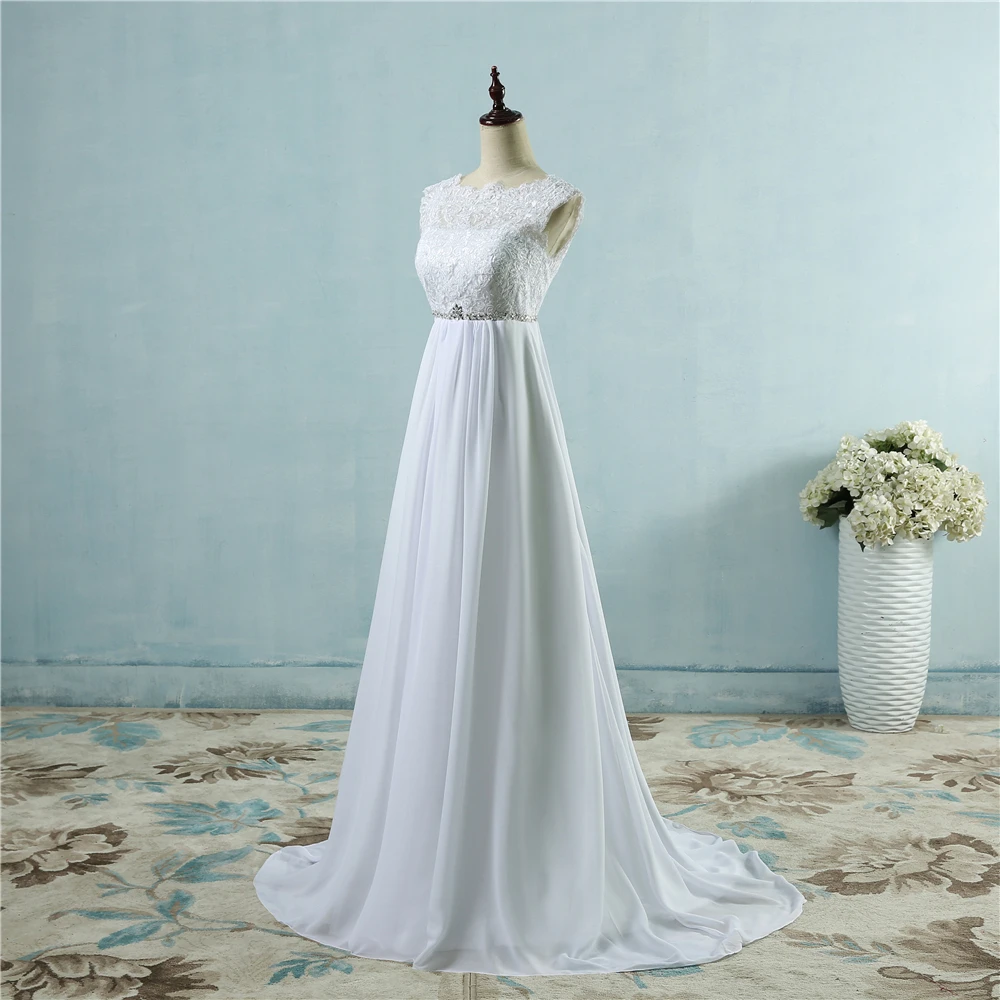 ZJ9058 пляжные шифоновые Свадебные платья 2019 2020 в стиле ампир с бисером больших
