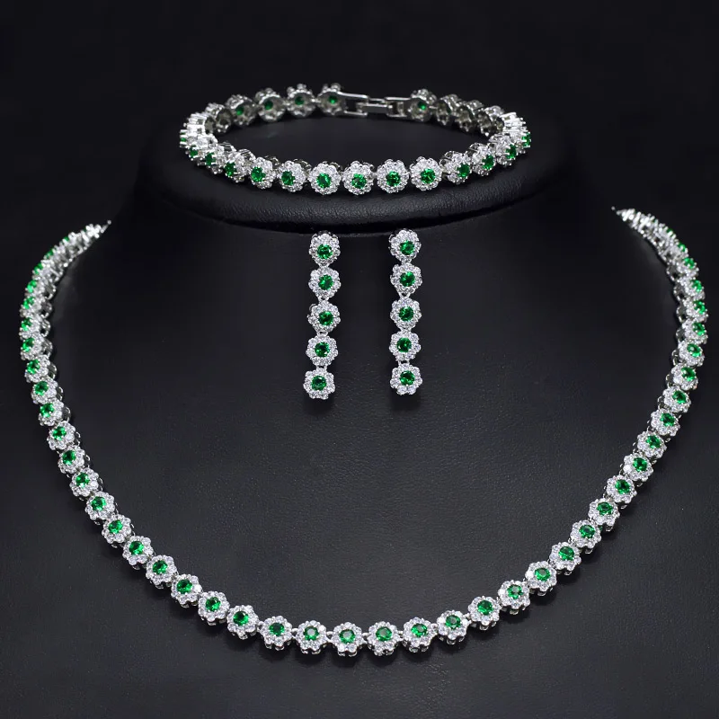 green CWWZircons высокое качество сверкающие разноцветные красный зеленый фиолетовый кубический цирконий женские свадебные ювелирные комплекты для невест T246 - Окраска металла: green