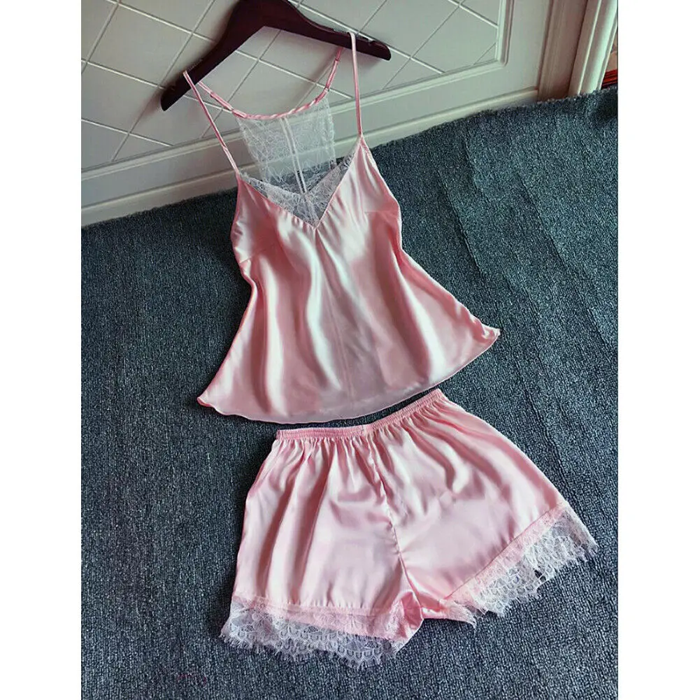 

2019 New trendy sexy sleeveless lace soliid 2pcs/set Women Silk Satin Lace Robe Shorts Nightdress Sleepwear Babydoll Pajamas