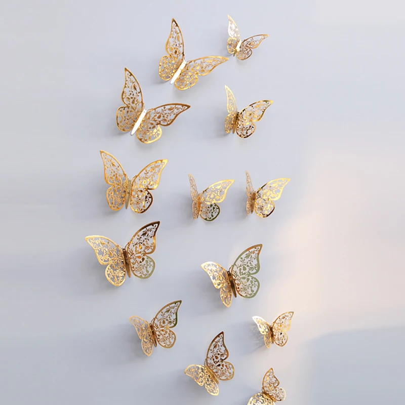 12pcs golden C 12 шт 3D двухслойная Бабочка Наклейка на стену для домашнего декора DIY бабочки магнит на холодильник наклейки для украшения комнаты - Цвет: 12pcs golden C