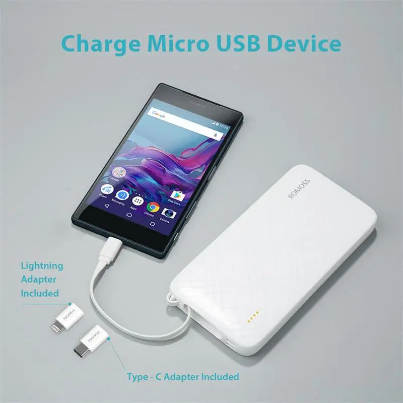 POWER BANK ROMOSS QS10 10000 мАч с встроенным кабелем Micro USB|Внешние аккумуляторы| |