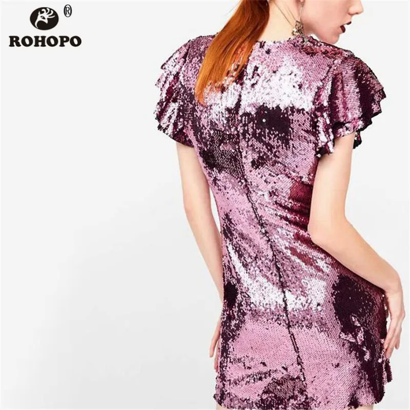 Женское двухслойное платье с блестками ROHOPO розовое v-образным вырезом и