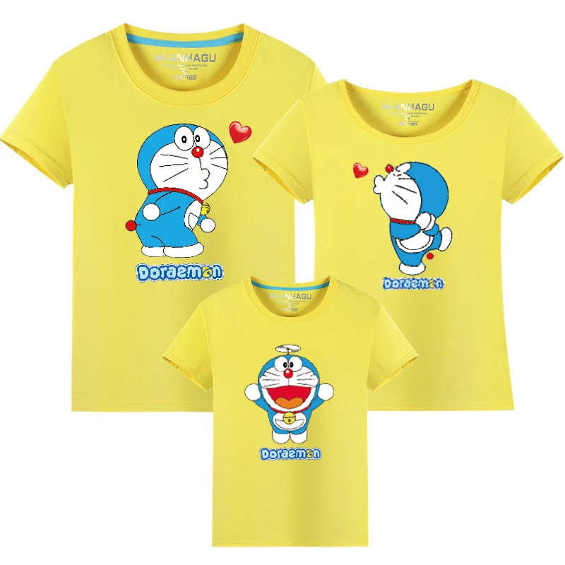Cute Family Matching Outfits Cartoon Doraemon T Shirts Mother Kids T-shirt Clothing Daughter Baby Girl Boy Clothes | Мать и ребенок