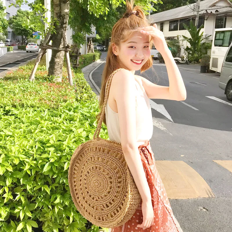 

Handwoven Vintage Round Straw Bag Women Beach Handbag Soft Paper Rope Crochet Foldable Shoulder Bag Big Circle Travel Tote Bags