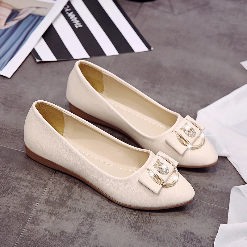

New Pointed Toe Casual Shoes Shallow Metal Buckle Comfortable Slip on Leather Women Shoes Woman Soft Bottom Single Ladies Shoes