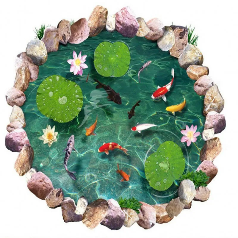 

Free Shipping 3D Stereo Lotus lotus leaf goldfish stone floor painting living room lobby floor wallpaper