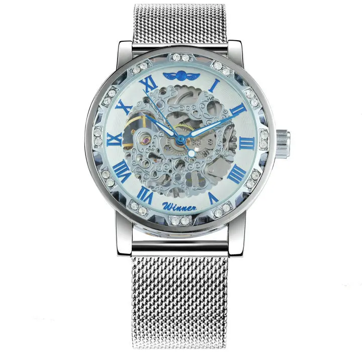 SILVER BLUE WHITE WINNER официальный Скелет механические часы для мужчин Золотой сетчатый ремешок Кристалл Iced Out мужские s часы Лидирующий бренд Роскошные Аналоговые наручные часы - Цвет: SILVER BLUE WHITE