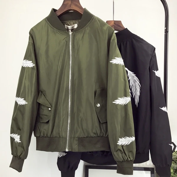 2017 Новая Мода Перо Печати Бейсбол Куртка Свободные Тонкий Стенд Ошейник С