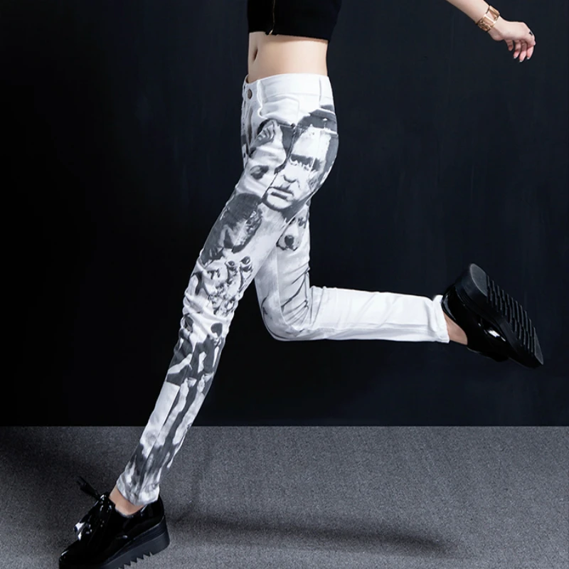 2020 new spring and autumn plus size brand female women girls stretch Graffiti skinny pencil pants jeans clothes 79397 | Женская одежда