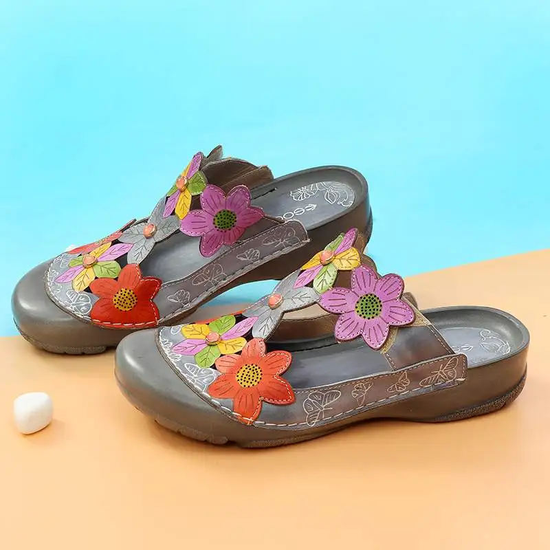 

Socofy 2020Women Retro Genuine Leather Sandals Splicing Flowers Pattern Adjustable Loop Flat Sandals Hand-painted Vintage Shoes