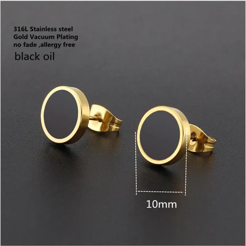 

316 L Stainless Steel Titanium Brief Stud Earrings 6mm 10mm Black Oil Round Shape Gold-color Plating No Fade Allergy Free