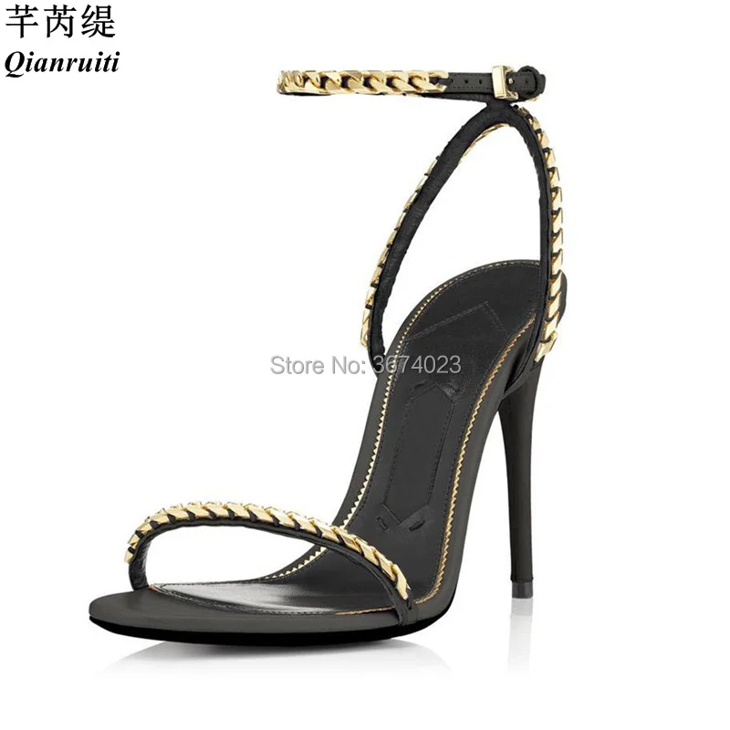 Женские босоножки Qianruiti на шпильке с золотистой цепочкой черные белые открытым