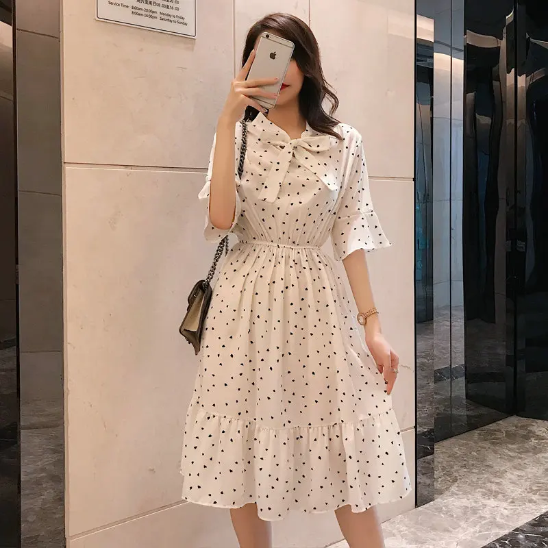 Summer Women's Dress 2019 Casual High Elastic Waist A-line Vintage Party Dresses Ladies Bow Floral Print Boho Chiffon Sundress | Женская