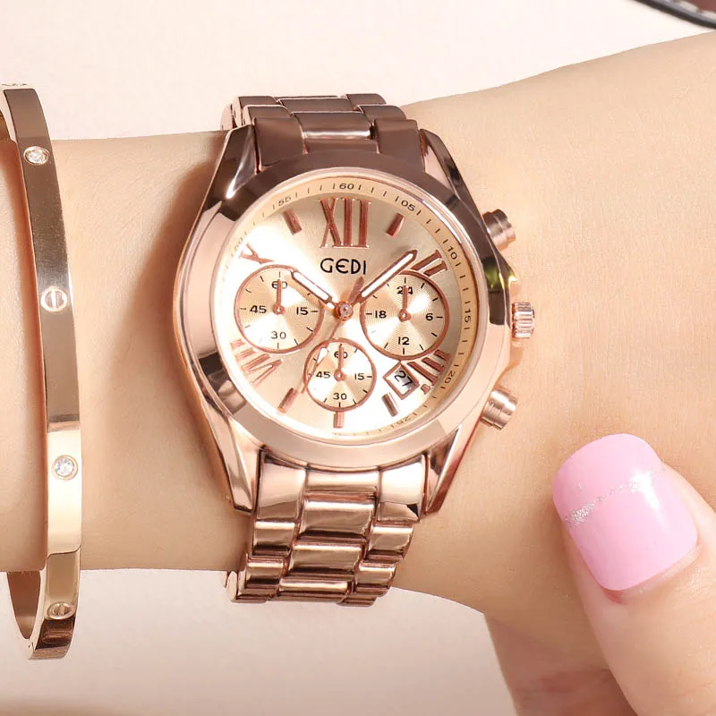 Gold women watch GEDI Бизнес Кварцевые для женщин часы модные женские часы для женщин часы нержавеющая сталь ремешок дамы наручные часы Роскошные час - Цвет: Gold women watch