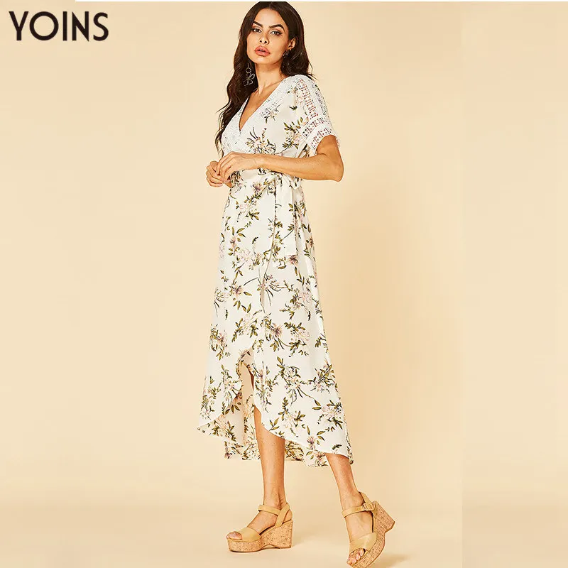 YOINS Мода 2019 Женское летнее платье Белые платья с цветочным принтом V образным