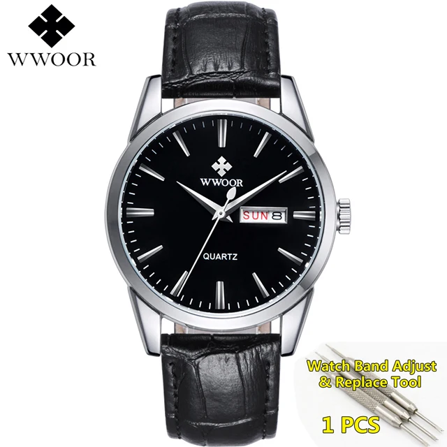 silver-black Брендовые Роскошные мужские часы, дата, день, натуральная кожа, ремешок, спортивные часы, мужские повседневные кварцевые часы, мужские наручные часы, известные часы WWOOR - Цвет: silver-black
