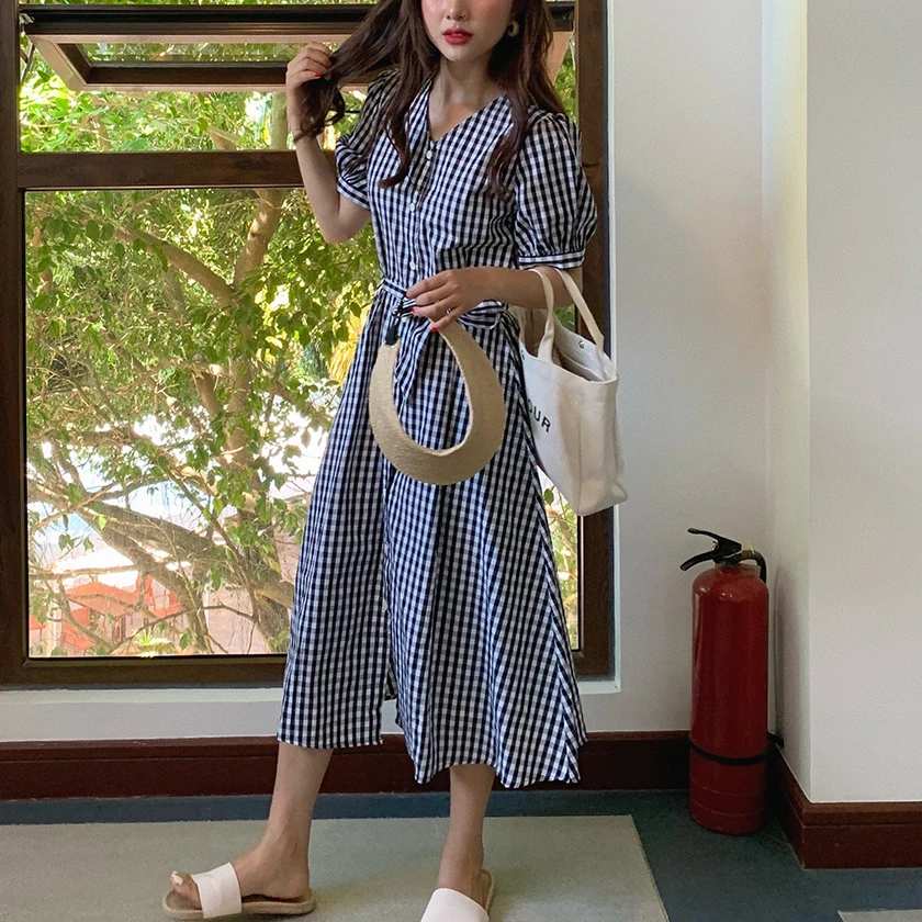 Women Summer Plaid Single Breasted Long Dress V Neck High Waist Short Sleeve Dresses Korean Style Clothing With Belt D97201F | Женская