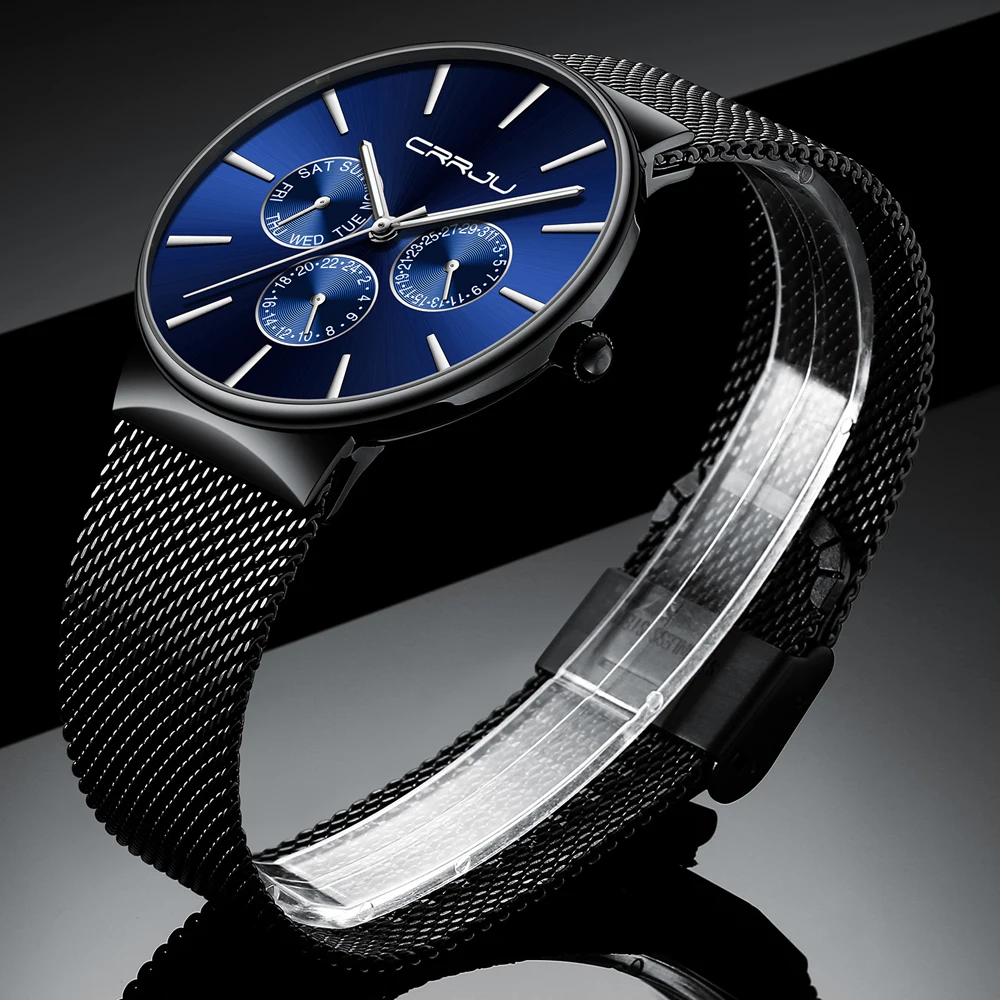 Crrju Fashion Watch Top Brand Luxury 24 Hour Week Date Men's Ultra Thin Men Stainless Steel Waterproof Clock | Наручные часы