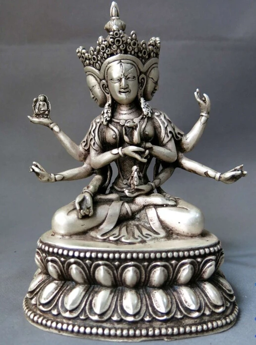 Китай серебряный буддизм фэн шуй Лаки 3 головы 8 рука Будды скульптура статуя (C0318)