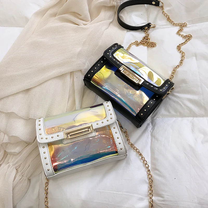 

Sac Transparant Women Messenger Bags 2019 New Fashion Transparent Glossy Rivet Shoulder Bag Chain Wild Messenger Bag DG434