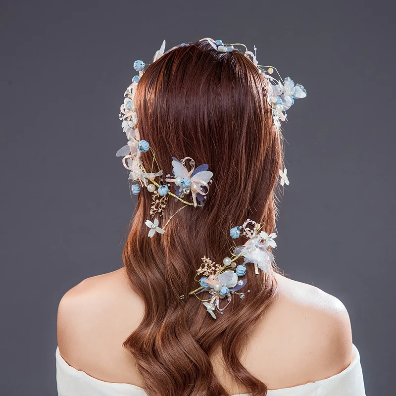 4 Pcs Fashion Gold Yarn Headbands Pearl Butterfly Rhinestone Hairbands Earrings Sets Women Jewelry Bridal Wedding Hair Ornaments | Украшения