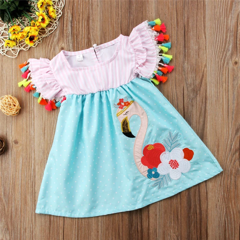 2018 1-6T Adorable New Toddler Kids Girls Floral Flamingo Summer Dress Casual Boho Beach Sundres tassels Cute elegant | Детская одежда