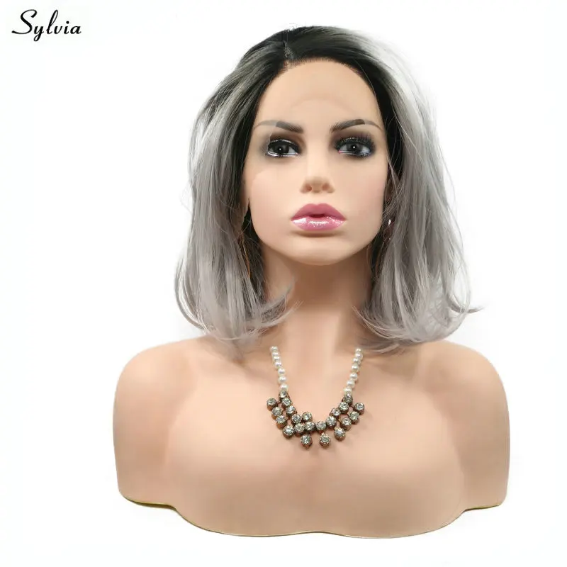 Sylvia короткий Боб Искусственные парики Черный корней до серый парик два Цвет