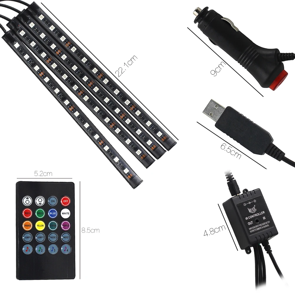 Автомобильный RGB Светодиодные ленты 5050 SMD неоновые полосы Декоративные Атмосферу полосы света авто RGB путь напольный светильник Вики дистанционного Управление 12V