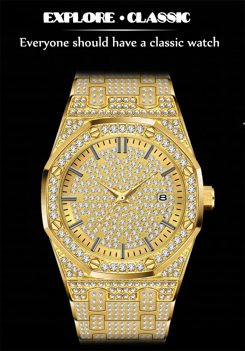 Прямая поставка Роскошные мужские часы Patek золотые часы Аналоговые водонепроницаемые кварцевые часы Календарь Бизнес часы с бриллиантами