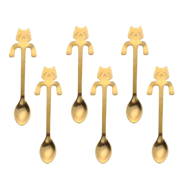 HOT-6 Pcs Mini Cat Coffee Spoon Stainless Steel Hanging Cup Teaspoons Demitasse Kitten Design Stirring Cute Utensil | Дом и сад