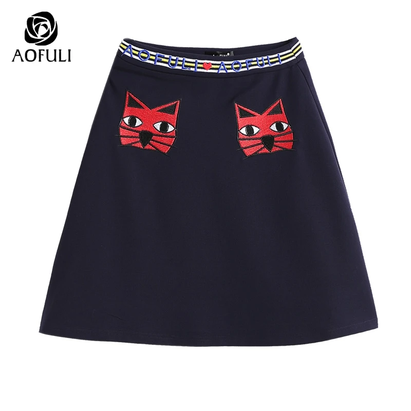 AOFULI M 3XL 4XL 5XL Милая юбка с вышивкой в виде кошек женская зимняя короткая больших