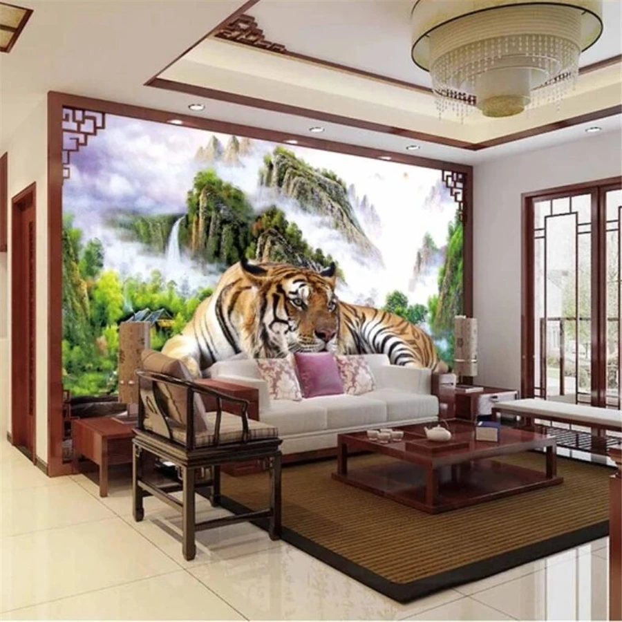 beibehang Custom wallpaper 3d mural tiger down the mountain king domineering TV sofa living room background | Обустройство дома