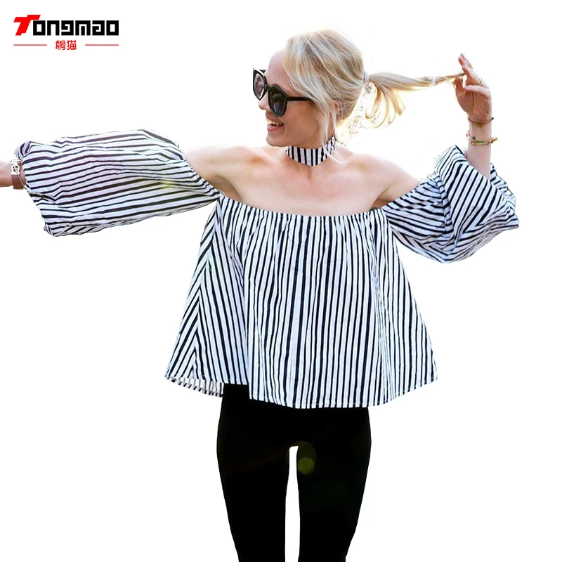 

TONGMAO2018 New Women's Summer Blouse Sexy slash Neck striped Lantern sleeves Tops Neck strap Short section Ladies Shirt